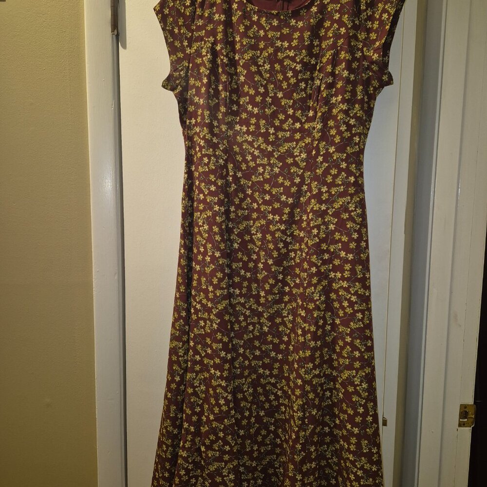 Women's Rokoko Maroon Midi Dress with Yellow Flower Print Midi Dress Size Large
